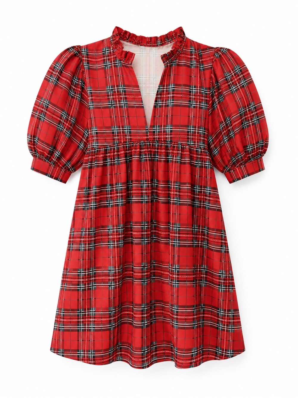 SHEIN Red Plaid Babydoll Dress Puff Sleeve Cottagecore Mini